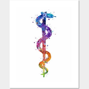 Rod of Asclepius Colorful Watercolor Pharmacy Art Posters and Art